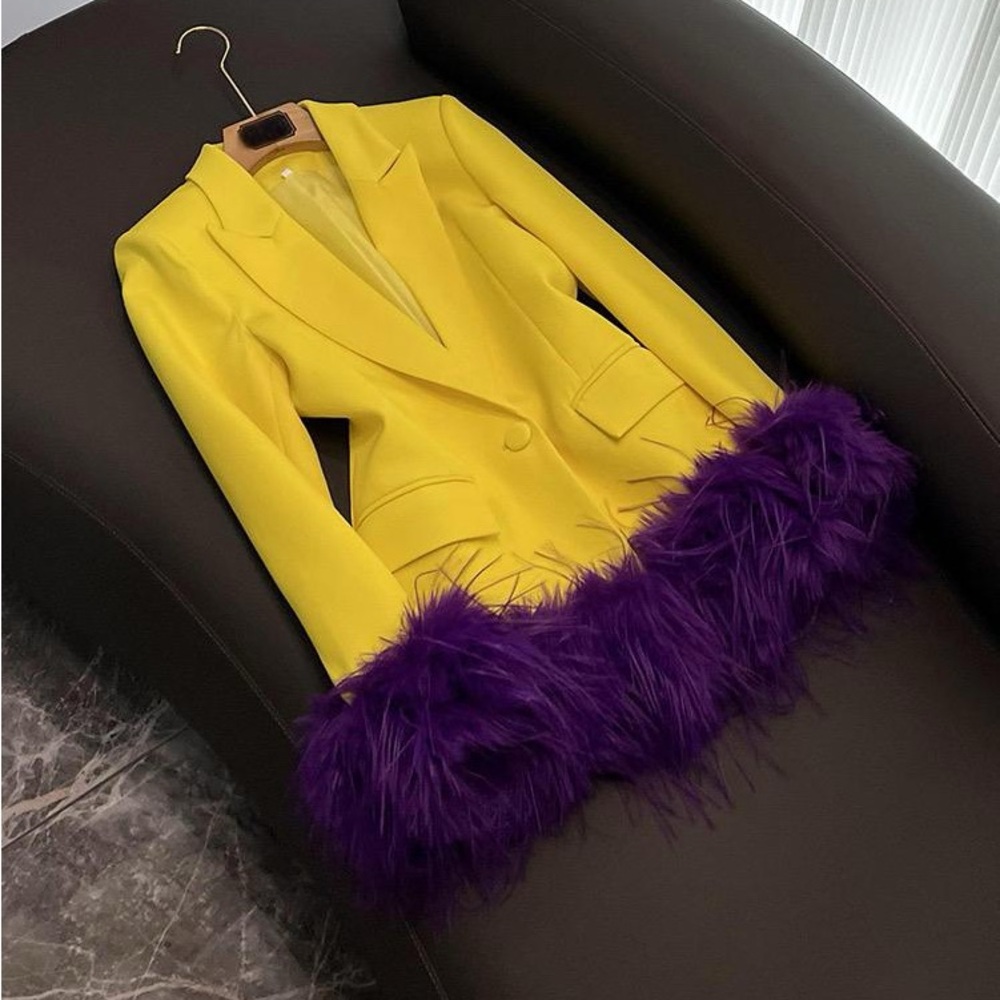 SY372 Yellow Blazer with Purple Feather Cuffs